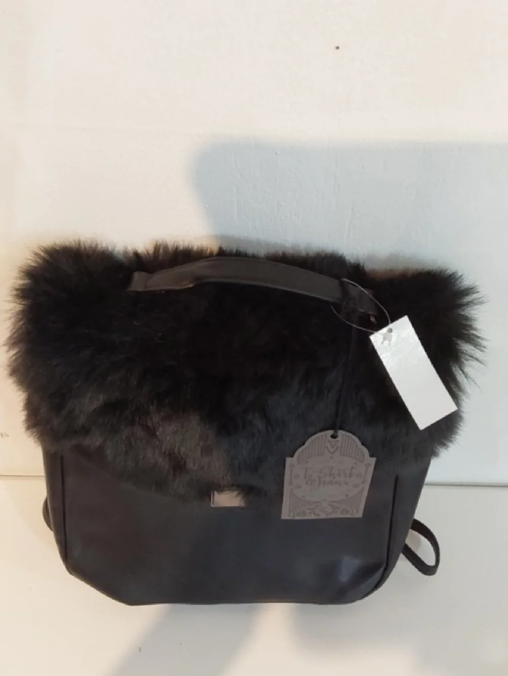 True Vibe| Womens  Boxy Black Faux Fur Flap Vinyl Backpack Trendy Sleek Medium